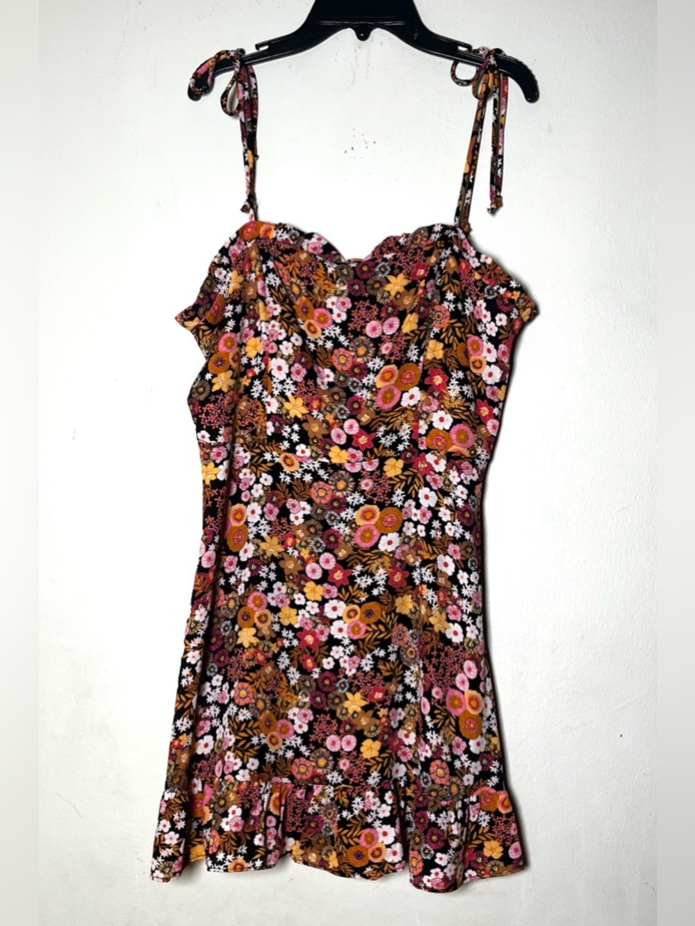 Floral Tie-Strap Sundress in Black, Pink & Mustard